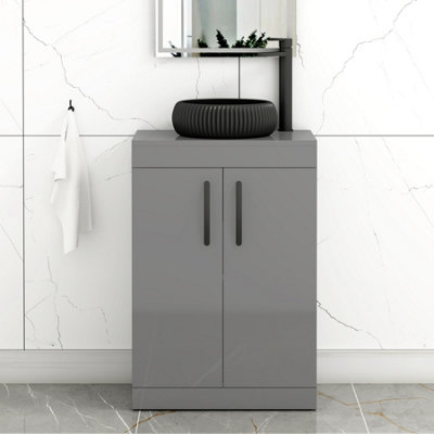 B&Q -  Turin 500mm Freestanding Bathroom Vanity Unit With Sink 2 Door Indigo Grey Gloss & Milan Black Countertop Basin