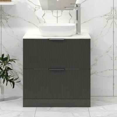 B&Q -  Lyon 800mm Gloss Anthracite Fluted Floor Standing Vanity Unit 2 Drawer With Countertop BasinElva