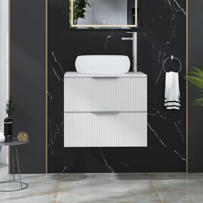 B&Q -  Evora 600mm Matt White Fluted Wall Hung Countertop Vanity Unit 2 Drawer With Milan Basin