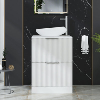 B&Q -  Evora 600mm Matt White Fluted Floor Standing Countertop Vanity Unit 2 Drawer With Nova Basin