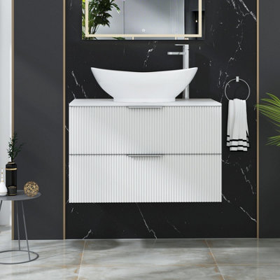 B&Q -  Evora 800mm Matt White Fluted Wall Hung Countertop Vanity Unit 2 Drawer With Amaze Basin
