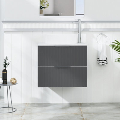 B&Q -  Evora 600mm Graphite Grey Fluted Wall Hung Countertop Vanity Unit 2 Drawer With Art Basin