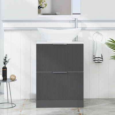 B&Q -  Evora 600mm Graphite Grey Fluted Floor Standing Countertop Vanity Unit 2 Drawer With Amaze Basin