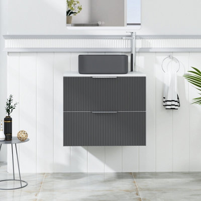B&Q -  Evora 600mm Graphite Grey Fluted Wall Hung Countertop Vanity Unit 2 Drawer With Art Square Basin