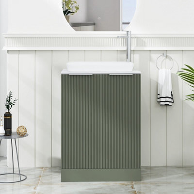 B&Q -  Evora 600mm Sage Green Fluted Floor Standing Countertop Vanity Unit 2 Door With Qubix Basin