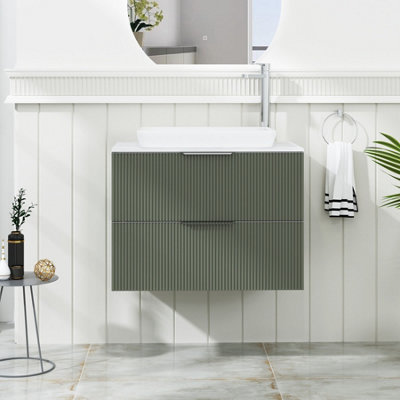 Royal Bathrooms Evora 700mm Sage Green Fluted Wall Hung Countertop Vanity Unit 2 Drawer With Qubix Basin from B&Q
