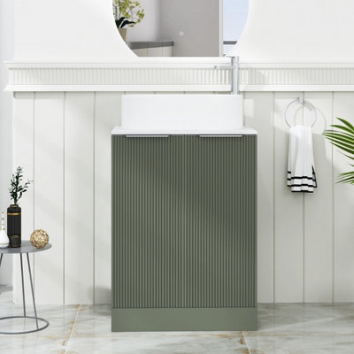 B&Q -  Evora 600mm Sage Green Fluted Floor Standing Countertop Vanity Unit 2 Door With Peak Basin