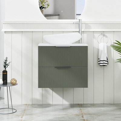 B&Q -  Evora 600mm Sage Green Fluted Wall Hung Countertop Vanity Unit 2 Drawer With Nova Basin