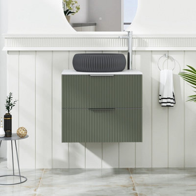 B&Q -  Evora 600mm Sage Green Fluted Wall Hung Countertop Vanity Unit 2 Drawer With Milan Black Basin