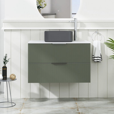 Royal Bathrooms Evora 800mm Sage Green Fluted Wall Hung Countertop Vanity Unit 2 Drawer With Art Square Basin from B&Q