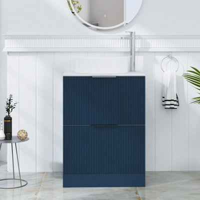 B&Q -  Evora 600mm Midnight Blue Fluted Floor Standing Countertop Vanity Unit 2 Drawer With Art Basin