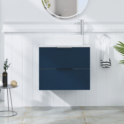 B&Q -  Evora 600mm Midnight Blue Fluted Wall Hung Countertop Vanity Unit 2 Drawer With Lyon Basin