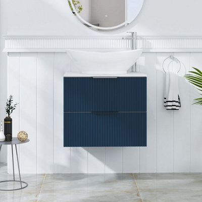 B&Q -  Evora 600mm Midnight Blue Fluted Wall Hung Countertop Vanity Unit 2 Drawer With Amaze Basin