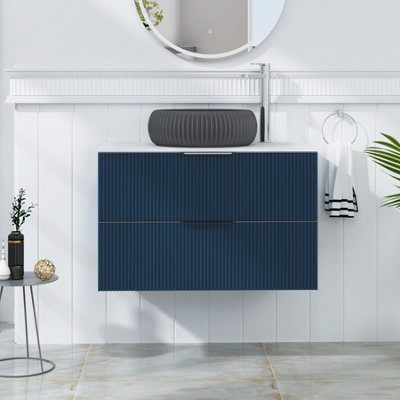 Royal Bathrooms Evora 800mm Midnight Blue Fluted Wall Hung Countertop Vanity Unit 2 Drawer With Milan Black Basin from B&Q