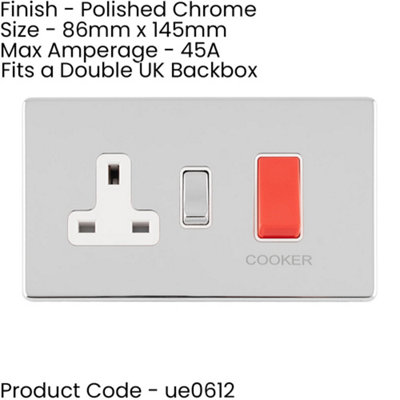 45A DP Oven Cooker Switch & Single 13A Switched Socket SCREWLESS POLISHED CHROME