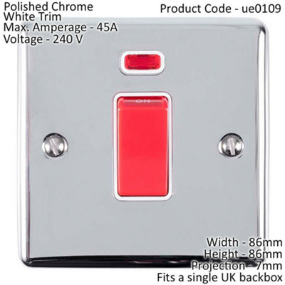 45A DP Oven Switch & Neon Light CHROME & White Trim Appliance Red Rocker