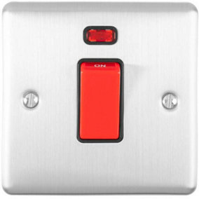 45A DP Oven Switch & Neon Light SATIN STEEL & Black Trim Appliance Red Rocker