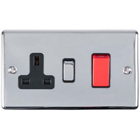 45A DP Oven Switch & Single 13A Switched Power Socket CHROME & Black Trim