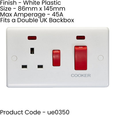 Buy 45A DP Oven Switch & Single 13A Switched Power Socket & Neon WHITE ...