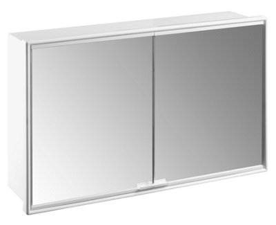 A double door mirror cabinet with two handles at the bottom.
