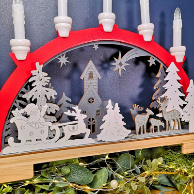45cm Battery Operated Warm White LED Wooden Arch Santa Sleigh and Reindeer Candle Bridge Christmas Decoration