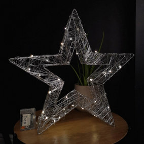 45cm Battery Warm White Twinkle Effect LED Lit Silver Metal Christmas Star Sculpture