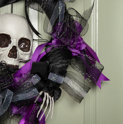 45cm Black and Purple Hanging Halloween Skull Wreath Decoration