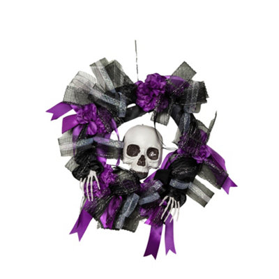 45cm Black and Purple Hanging Halloween Skull Wreath Decoration