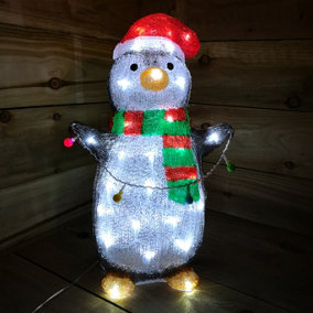 45cm Cool White LED Acrylic Christmas Penguin with Flashing Multi Colour String Light