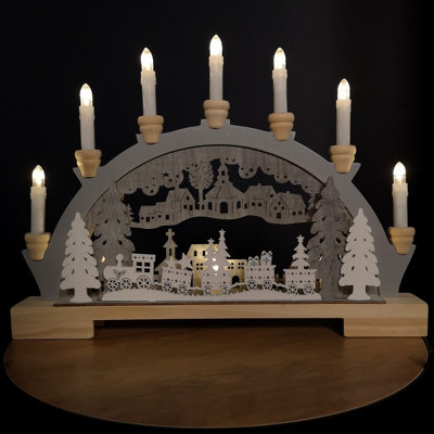 45cm Festive Christmas Candlebridge with 10 Bulbs Wooden Train Silhouette in Wood/Grey Battery Operated