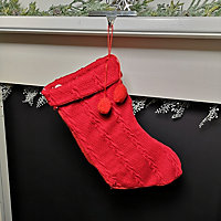 45cm Knitted Christmas Stocking Decoration with Pom Poms in Red