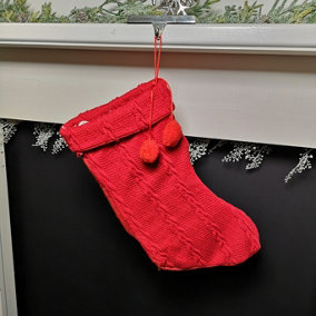 45cm Knitted Christmas Stocking Decoration with Pom Poms in Red