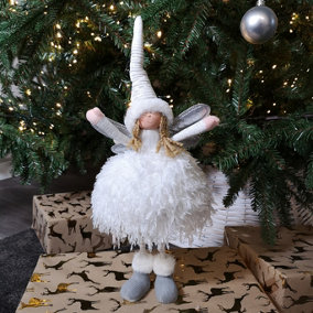 45cm Premier Christmas Standing Angel Decoration with Feather Skirt in White & Silver