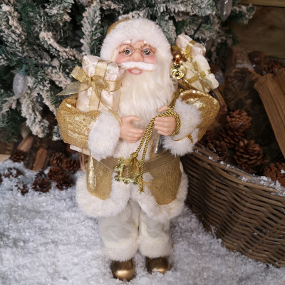 45cm Standing Santa Christmas Decoration in White and Gold Suit with ...