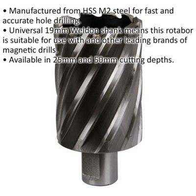 45mm x 50mm Depth Rotabor Cutter - M2 Steel Annular Metal Core Drill 19mm Shank