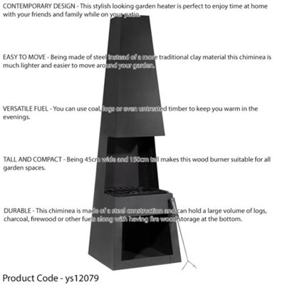 45x150cm BLACK STEEL Chininea Wood Burner - Firewood Storage Garden Heater Set
