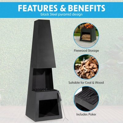45x150cm BLACK STEEL Chininea Wood Burner - Firewood Storage Garden Heater Set