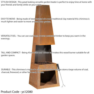 45x150cm CORTEN STEEL Chininea Wood Burner - Firewood Storage Garden Heater Rust