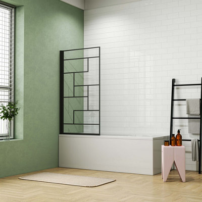 Probaty Bathrooms Matt Black 800X1400mm Frame Black Silk Screen Pivot Shower Bath Screen from B&Q