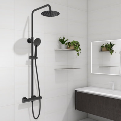Sline Matte Black Thermostatic Mixer Shower 3-Mode Handheld Head Rainfall Shower Chrome Anti-Scald from B&Q
