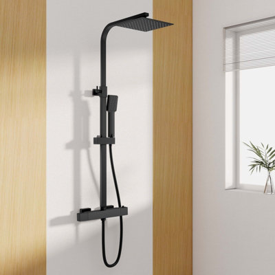 Sline Matte Black Thermostatic Mixer Shower Wall-Mounted 8 Inch Rainfall Head 1.5M Hose Anti-Scald Valve from B&Q