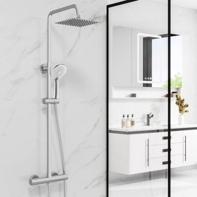 Sline Thermostatic Mixer Shower Set 20Cm Rainfall Overhead Shower Exposed Valve Body Height Adjustable Chrome from B&Q