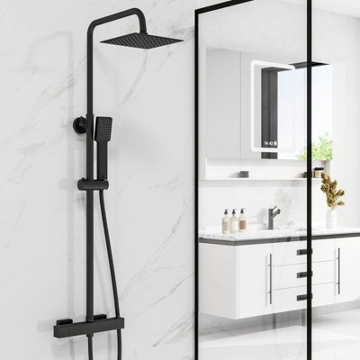 Sline Thermostatic Mixer Shower Set With Rainfall Overhead Shower Brass Valve Body Height Adjustable Matte Black from B&Q