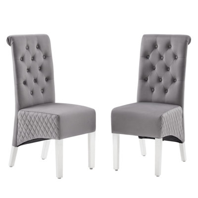 B&Q -  A Pair Grey Velet High Tuffted Lion Knocker Back Dining Chairs With Solid Chrome Legs