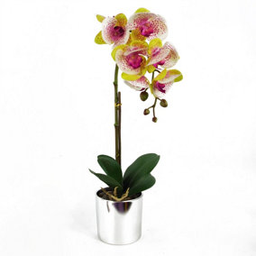 46cm Artificial Orchid Harlequin Pink with Silver Pot