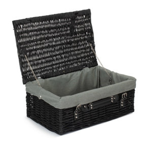 46cm Empty Black Willow Picnic Basket With Grey Lining