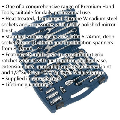 46pc PREMIUM Deep Socket & Ratchet Handle Set - 3/8" Square Drive 6 Point Metric