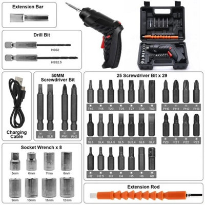 47 Piece Electric Screwdriver Rechargeable Cordless Drill Driver Bit ...