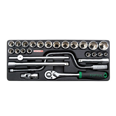 Toptul 1/2 Inch Drive 6 Point Flank Socket Set 26 Pieces Metric Robust Gcat2604 from B&Q