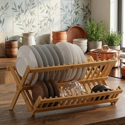  - Bamboo Dish Drainer Folding 2 Tier Rack Kitchen Drying Stand Tidy Rack